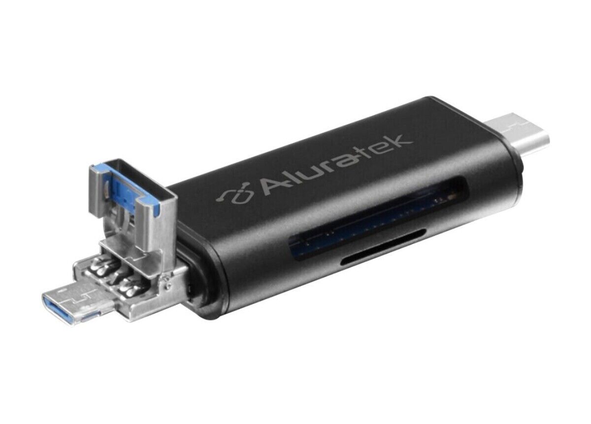 Aluratek AUCRC300F USB-C USB-A Micro SD Card Reader On the Go Drive Black