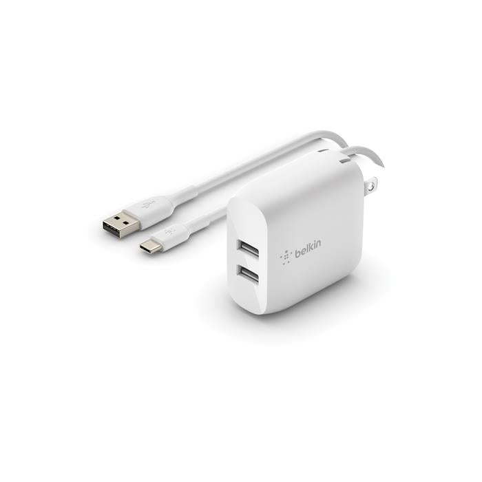Belkin WCE001DQ1MWH BoostCharge Portable 24W Dual USB-A USB-C Wall Charger White