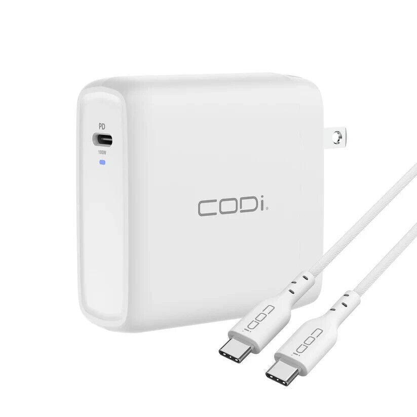 Codi A01118 100W Wall USB-C Fast Charger Power Delivery EPR Braided Cable White