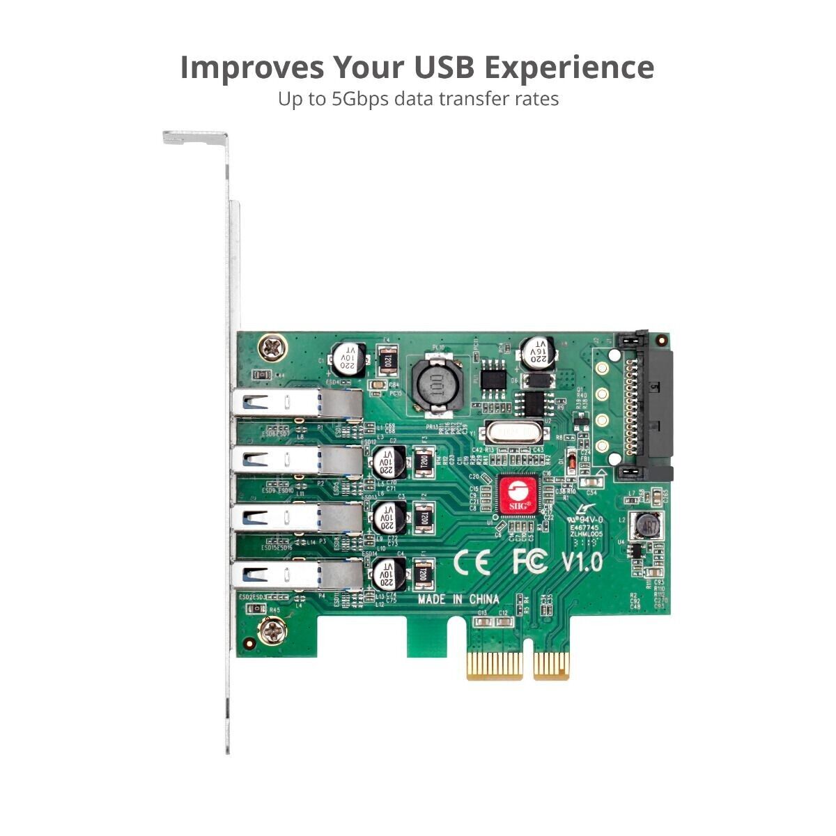 SIIG JU-P40A11-S1 4 Port USB 3.0 Type A 5Gbps Low Profile PCIe Expansion Card