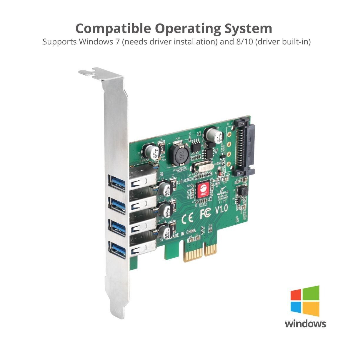 SIIG JU-P40A11-S1 4 Port USB 3.0 Type A 5Gbps Low Profile PCIe Expansion Card
