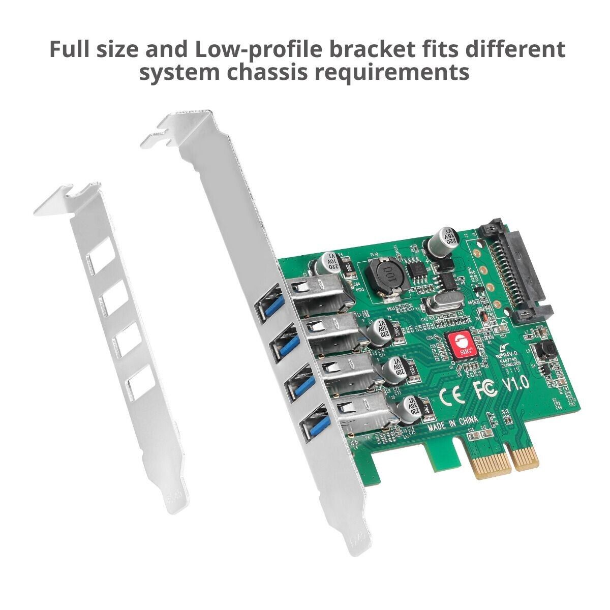 SIIG JU-P40A11-S1 4 Port USB 3.0 Type A 5Gbps Low Profile PCIe Expansion Card