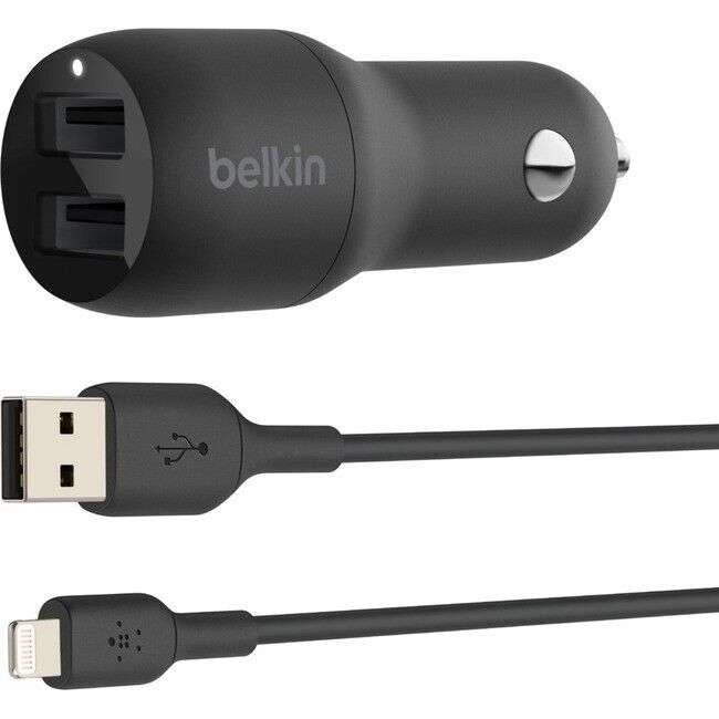 Belkin CCD001bt1MBK BoostCharge Dual USB-A 24W Car Charger w Cable Black