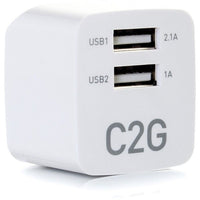 C2G 22322 2 Port USB-A 2.1A Wall Phone Power Charger AutoVolt 120V to 230V White