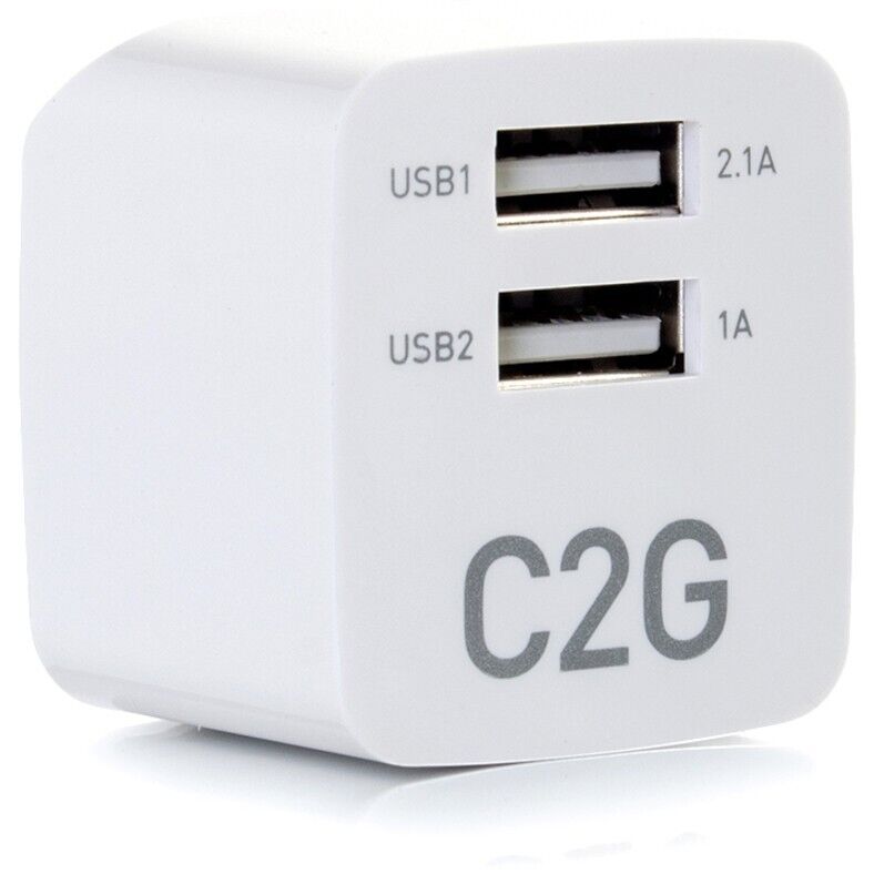 C2G 22322 2 Port USB-A 2.1A Wall Phone Power Charger AutoVolt 120V to 230V White