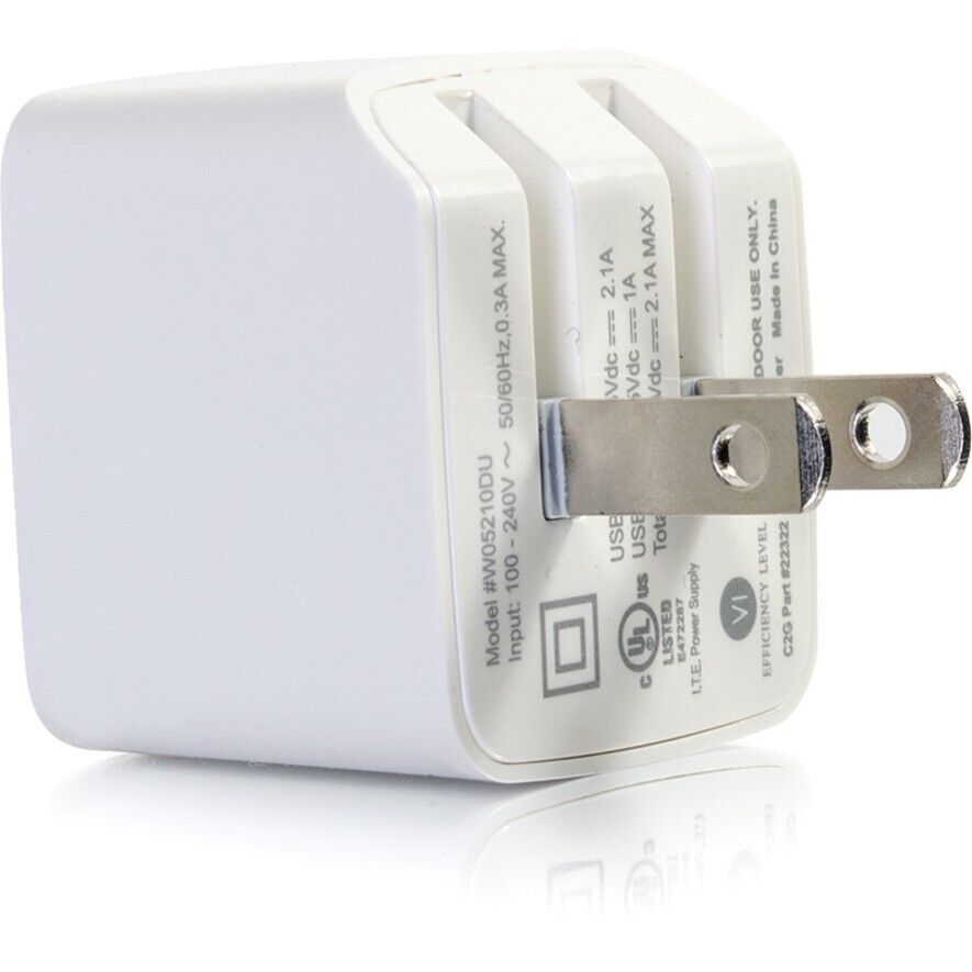 C2G 22322 2 Port USB-A 2.1A Wall Phone Power Charger AutoVolt 120V to 230V White