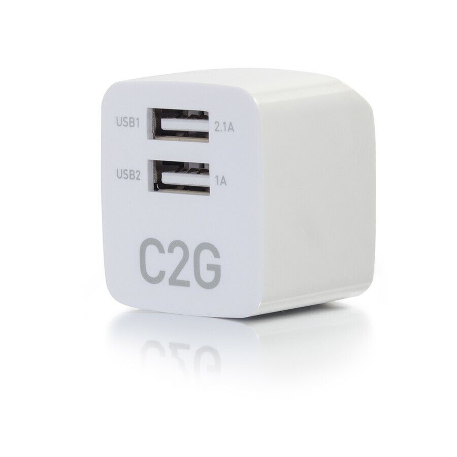 C2G 22322 2 Port USB-A 2.1A Wall Phone Power Charger AutoVolt 120V to 230V White