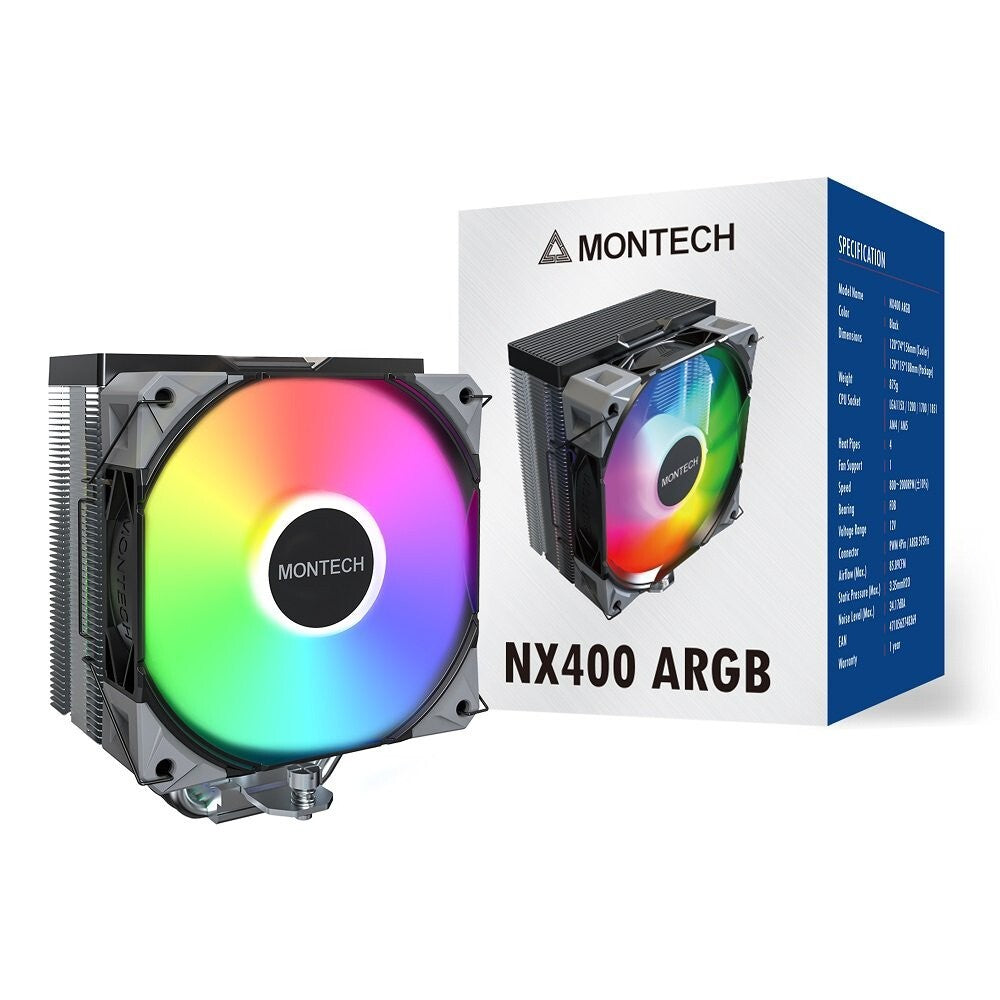 MONTECH NX400ARGBB NX400 ARGB CPU Air Cooler Single Tower, 4 Advanced Heat Pipes