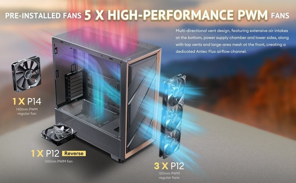 Antec FLUX SE, Sound-Dampening Side Panels, 5 x PWM Fans Included, Front Panel