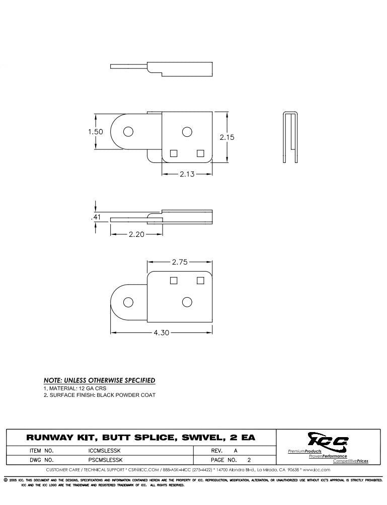 ICC ICCMSLESSK Swivel Butt Splice Runway Kit xLadder Rack Joiner Black 2pk/Order