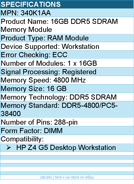 HP 340K1AA 16GB DDR5 SDRAM Memory Module - For Workstation - 16 GB (1 x 16GB)