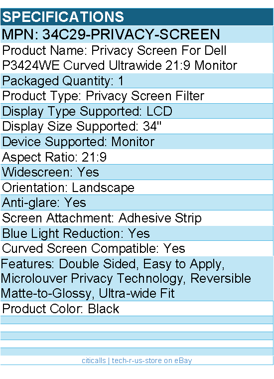 StarTech 34C29-PRIVACY-SCREEN Privacy Screen For Dell P3424WE Curved Monitor