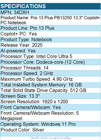 Dell 34DXH Pro 13 Plus PB13250 13.3" Copilot+ PC Notebook - Full HD Plus -Silver