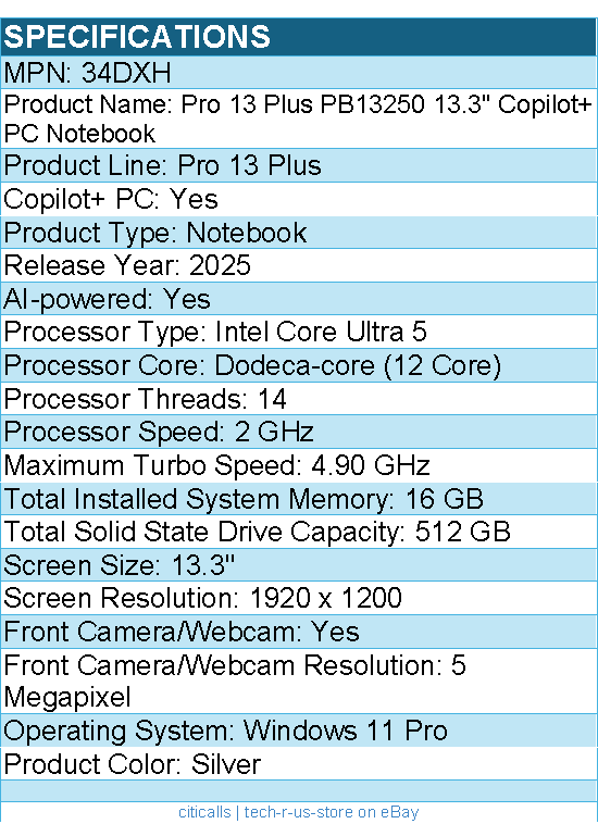 Dell 34DXH Pro 13 Plus PB13250 13.3" Copilot+ PC Notebook - Full HD Plus -Silver