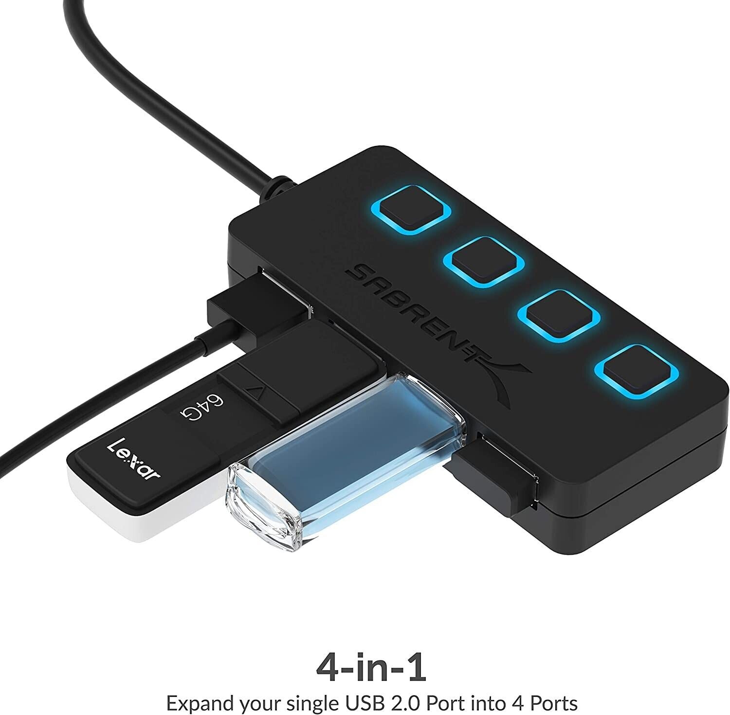 Sabrent HB-UMLS 4 Port USB 2.0 Hub with Individual Power Switch Blue LED