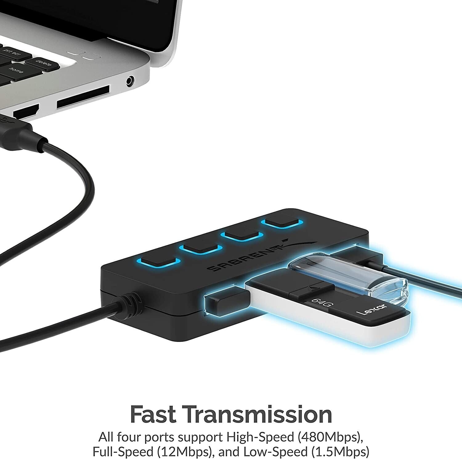 Sabrent HB-UMLS 4 Port USB 2.0 Hub with Individual Power Switch Blue LED