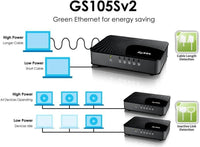 ZyXEL GS105SV2 5-Port Desktop Gigabit Ethernet Media Switch- 5 Ports 10/100/1000