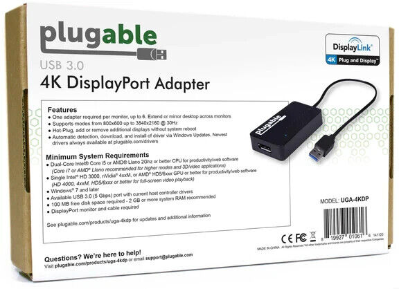 Plugable UGA-4KDP USB 3.0 to DisplayPort 4K UHD (Ultra-High-Definition) - Video