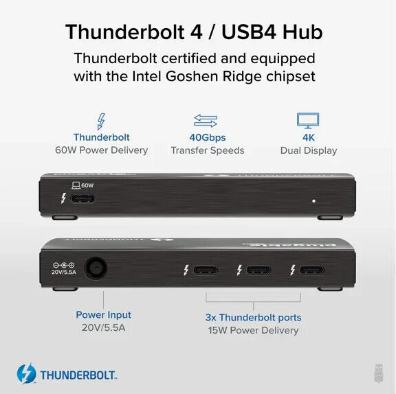 Plugable TBT4-HUB3C 4-Port Thunderbolt 4 Hub Connect & Charge on Each Downstream