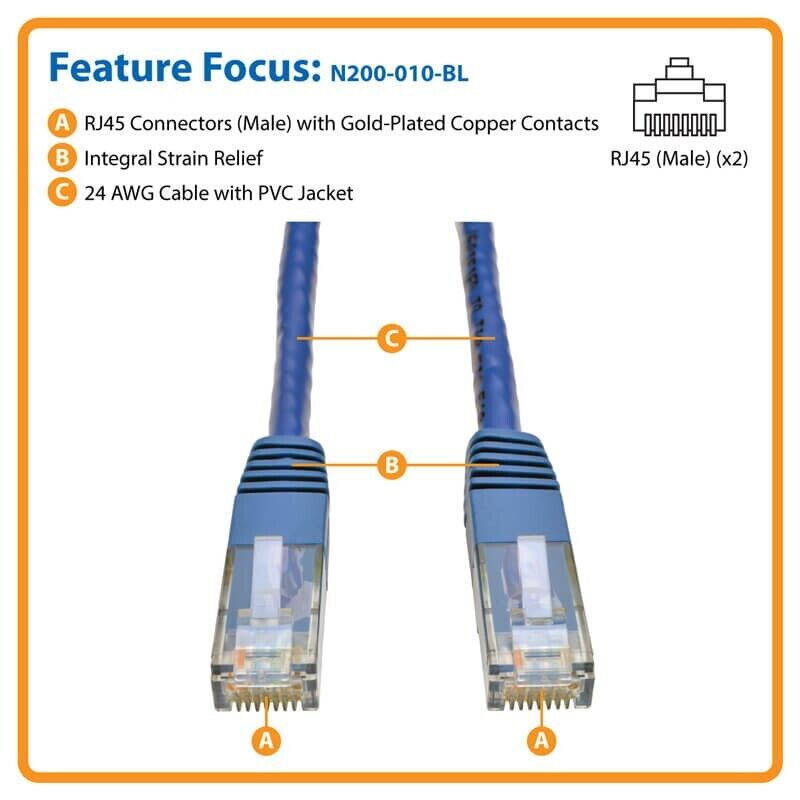 Tripp Lite N200-010-BL 10ft Cat6 Gigabit Molded Patch Cable RJ45 M/M 550MHz