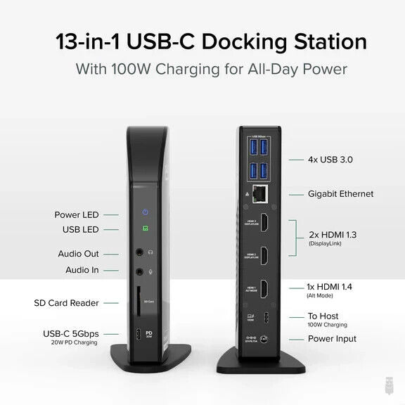 Plugable UD-ULTCDL 13-in-1 USB-C Triple Monitor Docking Station w 100W Charging,