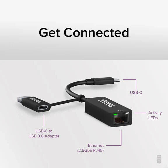 Plugable USBC-E2500 2.5G USB C and USB to Ethernet Adapter - 2-in-1 Adapter