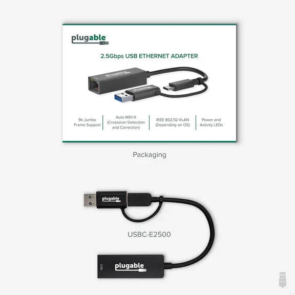 Plugable USBC-E2500 2.5G USB C and USB to Ethernet Adapter - 2-in-1 Adapter