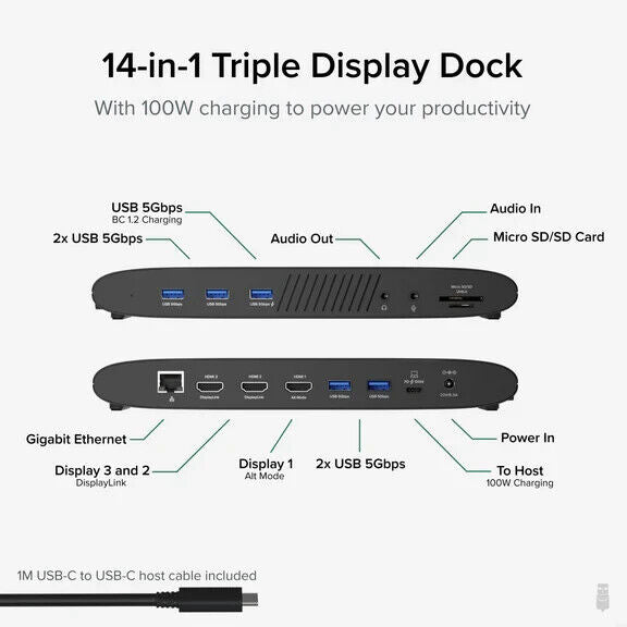 Plugable UD-3900PDH 14-in-1 USB-C Triple Monitor Laptop Docking Station with