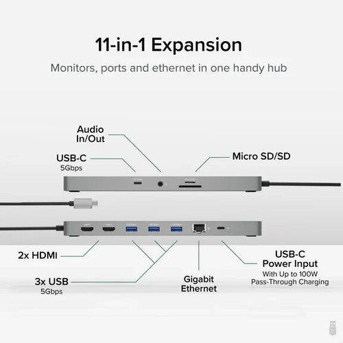 Plugable USBC-11IN1E 11-in-1 USB-C Hub 100W USB-C Pass-through, Laptop Docking