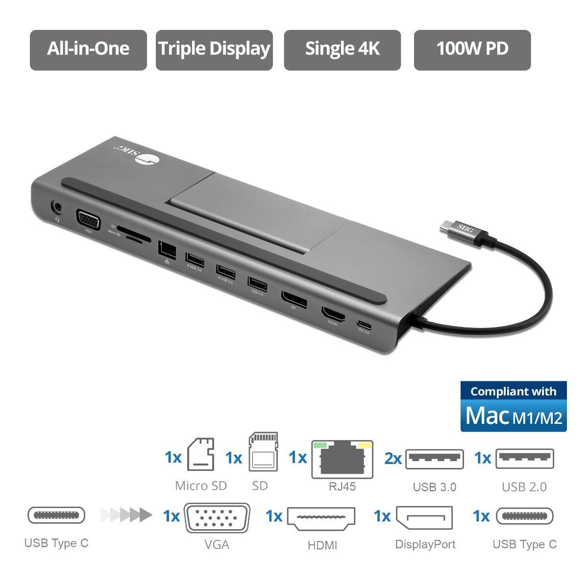 SIIG JU-DK0E11-S1 Aluminum USB-C MST Video Docking Station with 100W PD