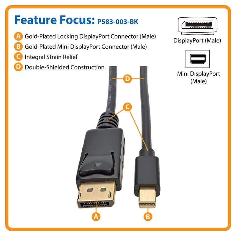 Tripp Lite P583-003-BK 3FT Mini DisplayPort to DisplayPort Adapter Cable 4K M/M