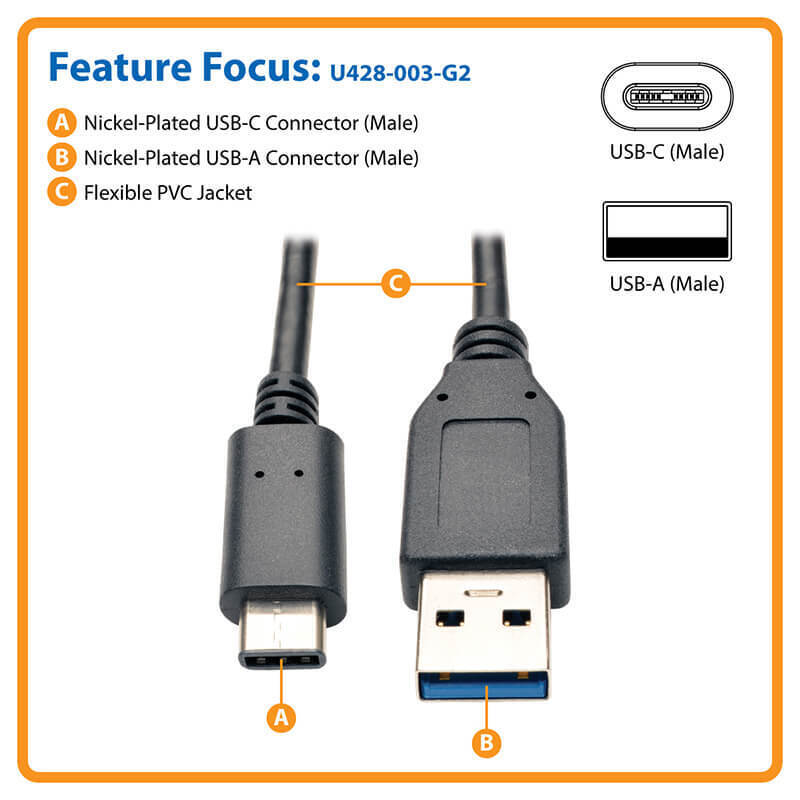 Tripp Lite U428-003-G2 USB 3.1 Gen 2 (10 Gbps) Cable, USB Type-C (USB-C)