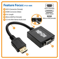 Tripp Lite P131-06N 6in HDMI to VGA Adapter Converter with Audio Video