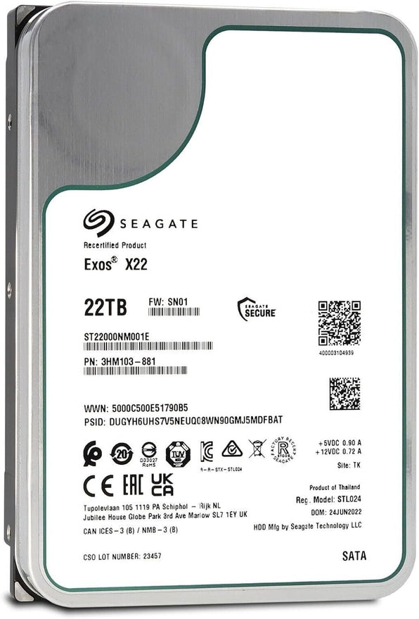 Seagate ST22000NM001E 22TB Hard Drive SATA 3.5 7.2K RPM 512e 4KN Bare