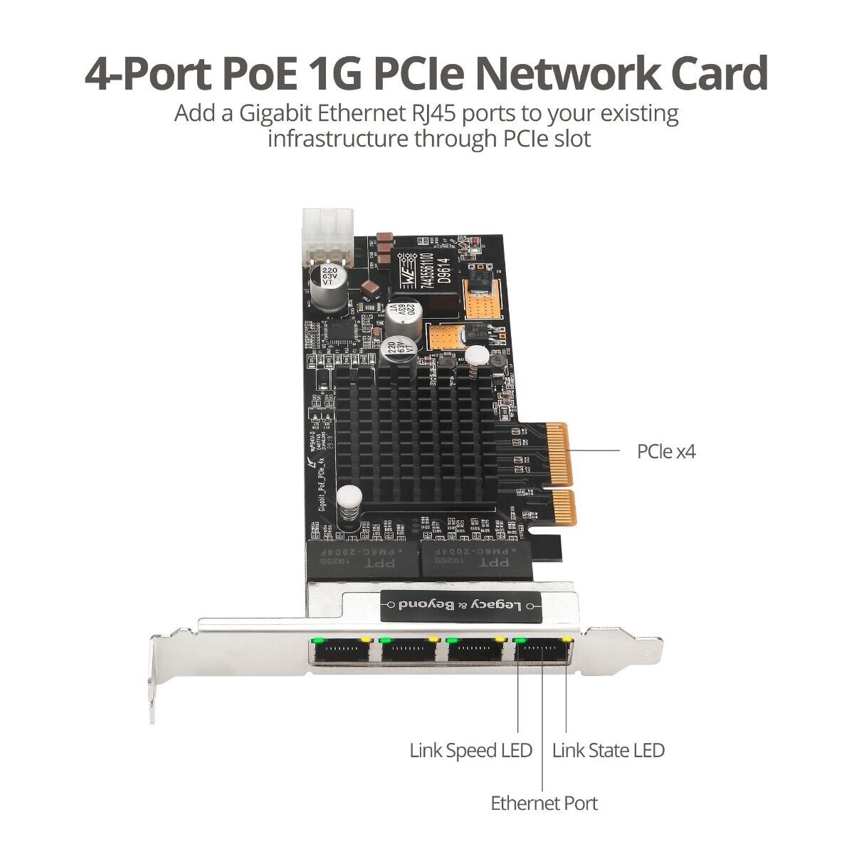 SIIG LB-GE0811-S1 4PT Gigabit Ethernet w POE PCIe Card - Intel 350 Brown Box