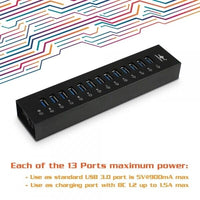 Vantec UGT-AH131U3-BK 13-Port USB 3.0 Aluminum Hub Data Charging 12V 5A Retail