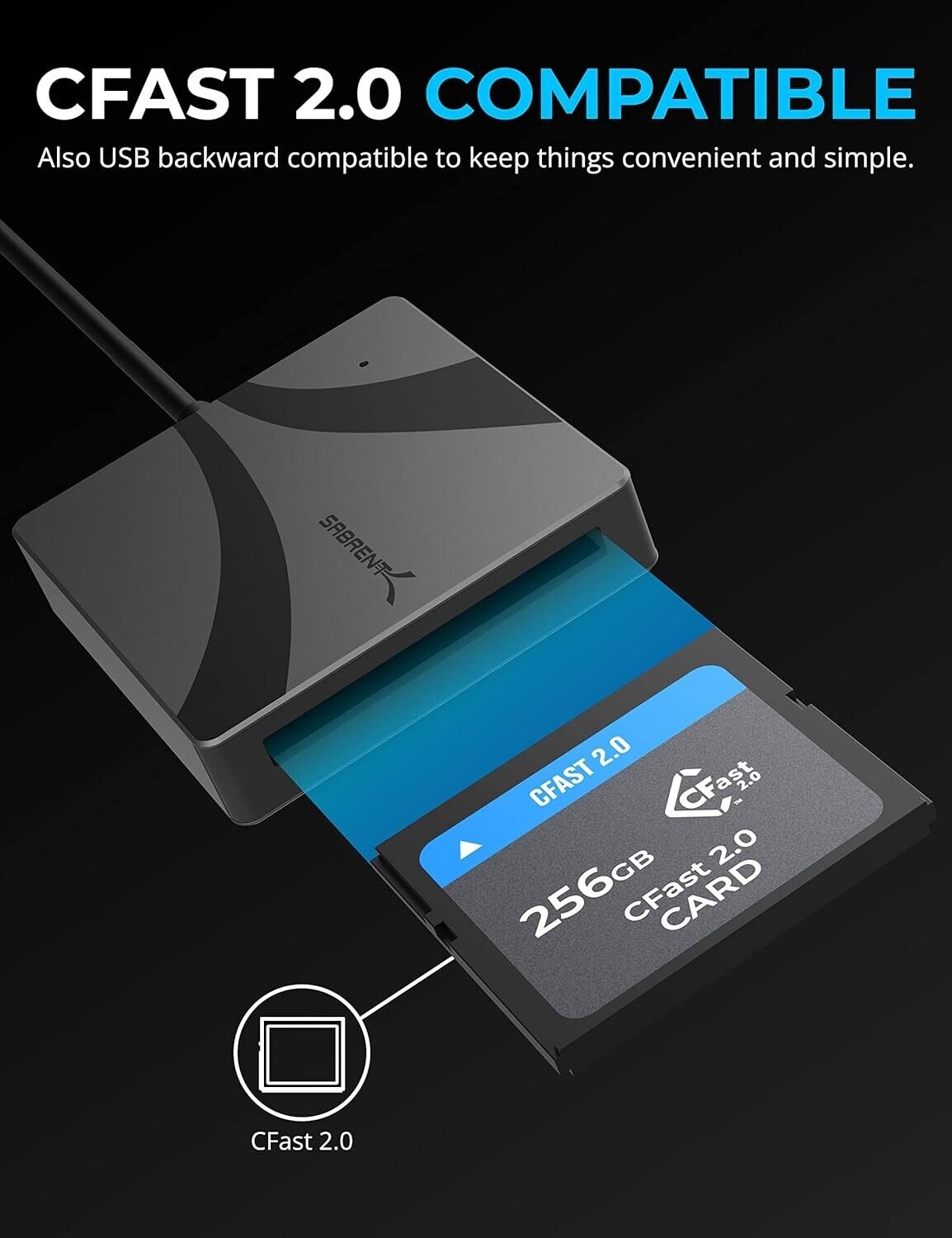 Sabrent CR-CF20 CFAST 2.0 USB C LED Card Reader BOT UASP up to 460Mbps 5Gbps