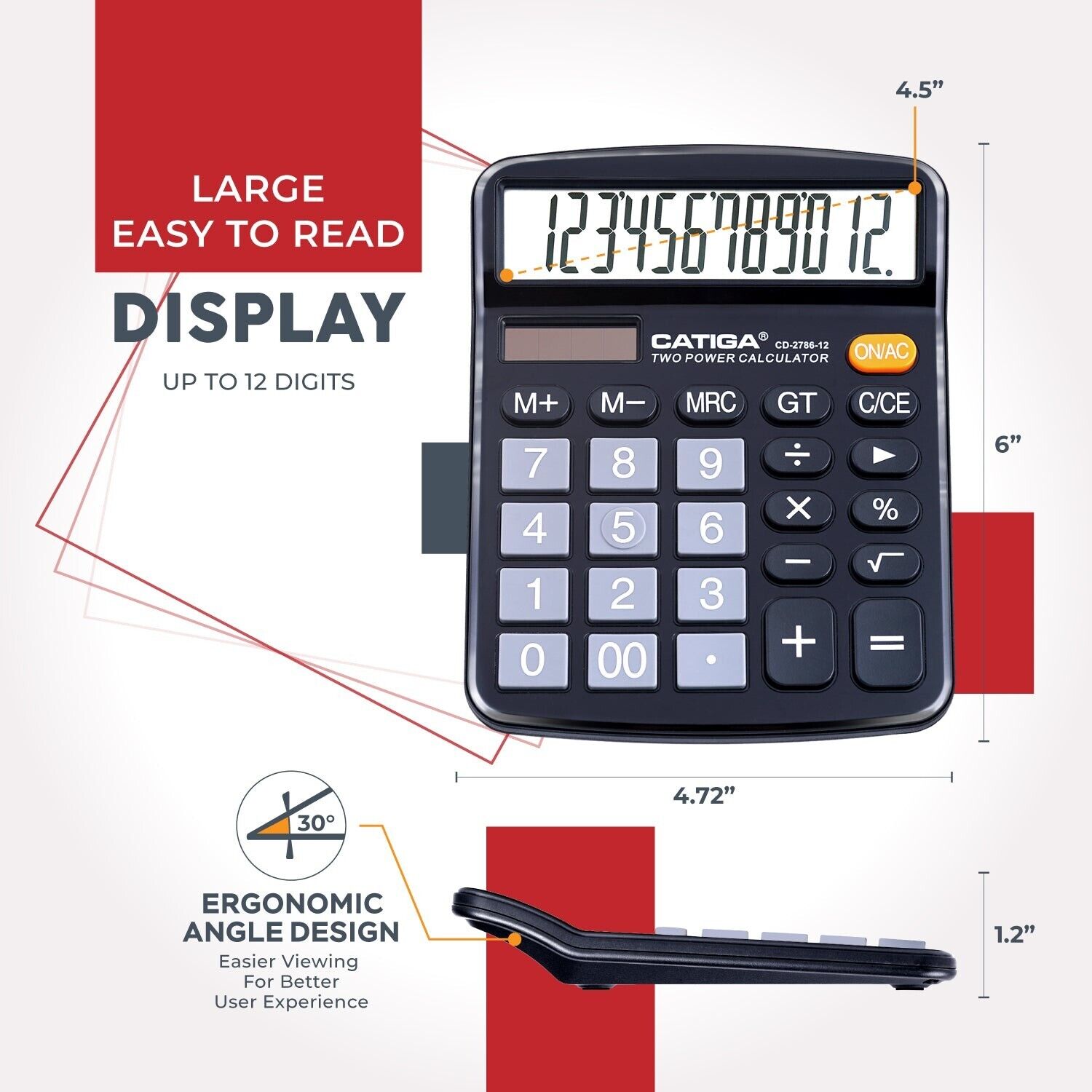 Adesso CD-2786B Catiga 12 Digits Basic Solar Calculater Convenient Buttons Black