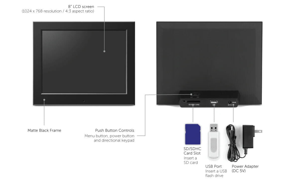 Aluratek ASDPF08F 8" LCD Digital Photo Picture Slideshow Frame 1024x768 USB SD