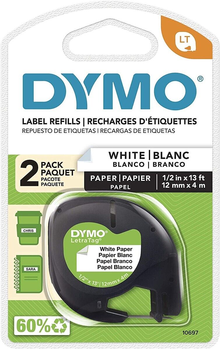 Dymo 10697 LetraTag Electronic Label Maker Tape Direct Thermal White 1/2" x 13'