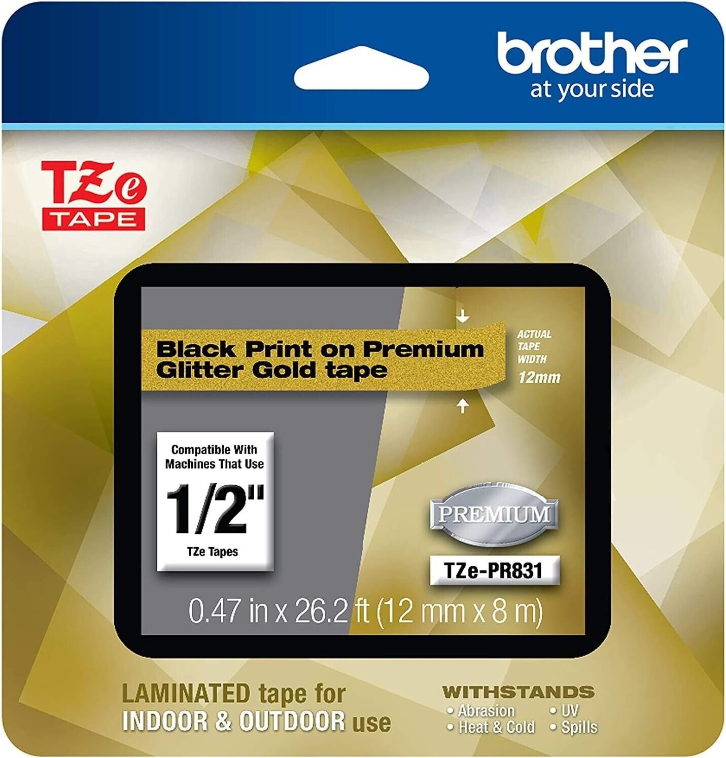 Brother TZePR831 P-Touch 1/2"x26.2' Premium BLACK on GLITTER GOLD Lam Label Tape