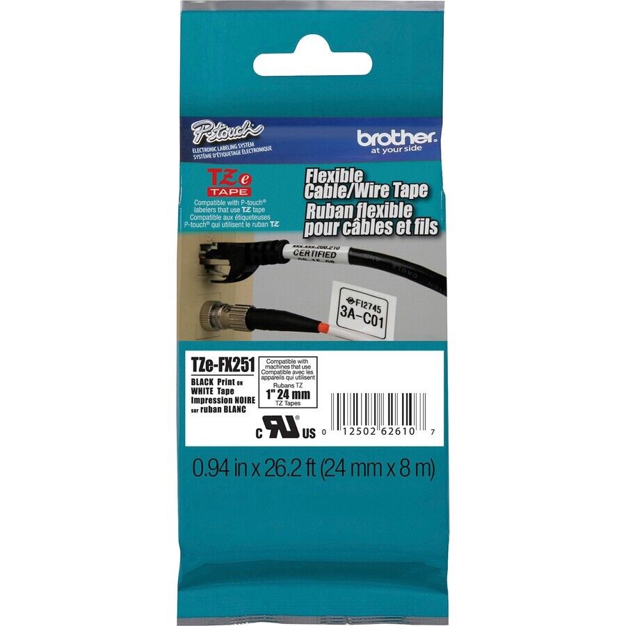 Brother TZEFX251 P-Touch 1"x26.2' BLACK on WHITE Flexible ID Label Tape Cartridg