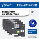 Brother TZE2314PKB P-Touch 1/2"x26.2' BLACK on WHITE Laminated Label Tape 4/Pack