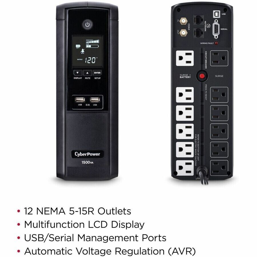 CyberPower BRG1500AVRLCD2 6+6 Outlets Intelligent LCD 1500V Mini Tower UPS Tower