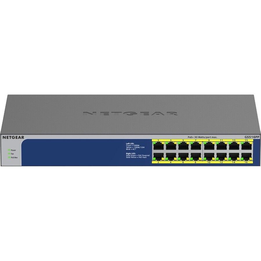 Netgear GS516PP-100NAS 16 Port Gigabit High Power PoE+ Unmanaged Switch 260W