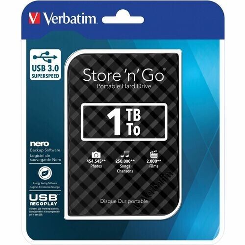 Verbatim 53194 1TB Portable Hard Drive Store N Go USB 3.0 5400rpm Black