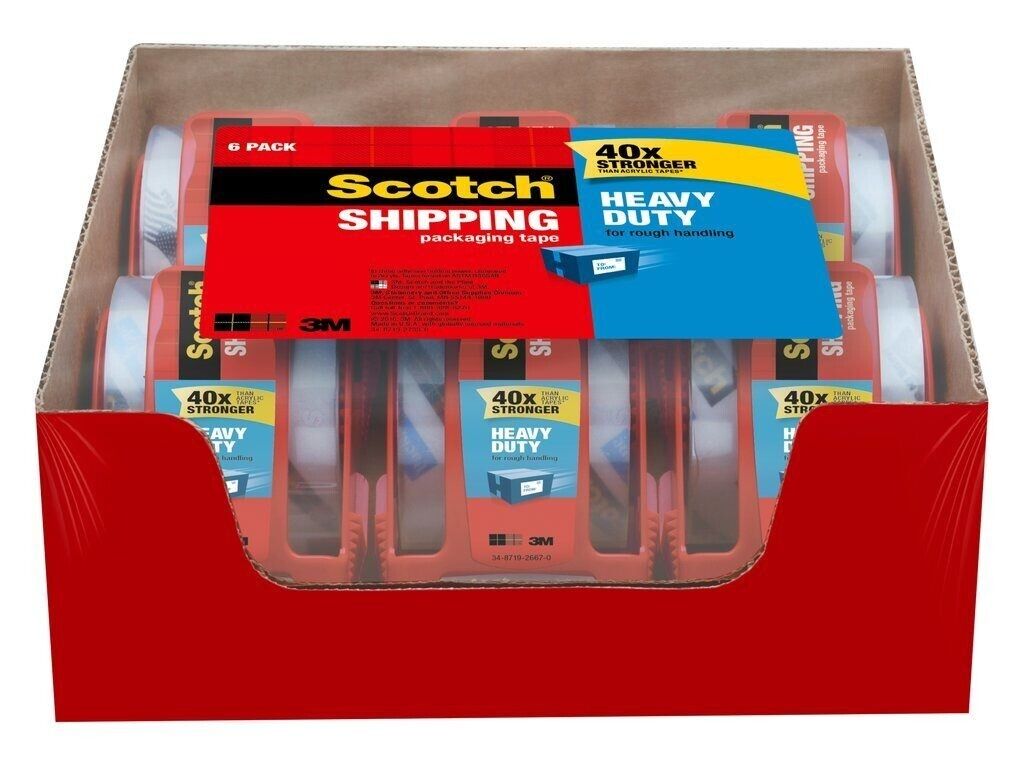 3M 142-6 6Pk Scotch Heavy Duty Shipping Clear Packaging Tape 1.88"x800"