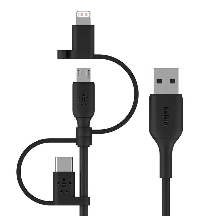 Belkin CAC001BT1MBK 3.3Ft USB-A to USB-C MicroUSB Lightning Slim Cable Black