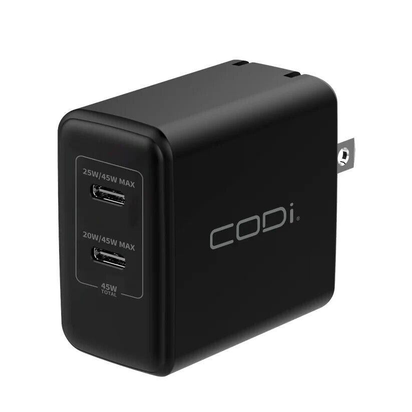 Codi WC045-2C 45W Wall Charger w/ 2x USB-C Charging Ports US NA Plug Black