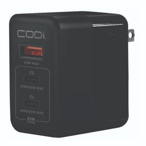 Codi A01106 65W GaN Triple Port Wall Quick Charger, USB-C USB-A 20W+45W Black